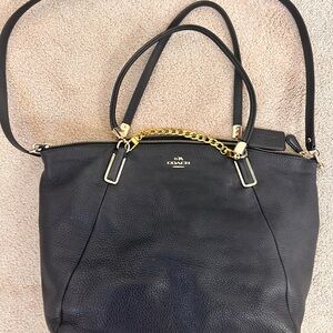 Coach navy blue Leather Shoulder Bag with Gold Accents